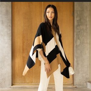 Parrish LA Black, White, Tan Stevie Poncho Ruana Boho Wrap Sweater One Size